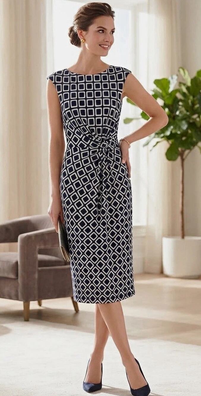 Lauren Ralph Lauren Women's Size 2 Black White Geometric Knot Front Midi Dress